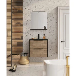 Atlantic Badmeubelset Aria met Spiegel En Zwarte Wastafel 60cm Canela Eiken  -InterieurKunst Verkoopwinkel 123 10023