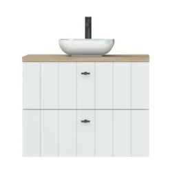 Tiger Maryport Badkamermeubelset 80 Cm Mat Wit Met Licht Eiken Wasblad, Keramische Opzetkom En Matzwarte Grepen -InterieurKunst Verkoopwinkel 123 10111