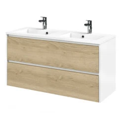 Tiger Reverse Meubelset 120 Cm Met 2 Lades Naturel Eik / Mat Wit Inclusief Quadro Wastafel Dubbel Hoogglans Wit