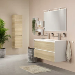 Tiger Reverse Meubelset 120 Cm Met 2 Lades Naturel Eik / Mat Wit Inclusief Quadro Wastafel Dubbel Hoogglans Wit -InterieurKunst Verkoopwinkel 123 10174