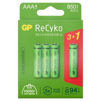GP Batterij Oplaadbaar AAA NiMH 850 MAh ReCyko 1,2V 4 Stuks (3+1) 1 GP Batterij Oplaadbaar AAA NiMH 850 MAh ReCyko 1,2V 4 Stuks (3+1)