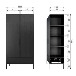WOOOD Garderobekast Adam 2 Deurs Zwart 200x100x53 Cm -InterieurKunst Verkoopwinkel 123 3435