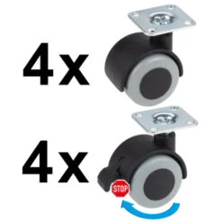 Set 8st Meubelwielen TPE Met Plaatbevestiging 40mm Tot 30kg Per Wiel