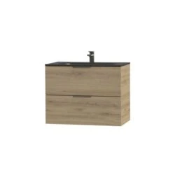 Tiger Studio Badkamermeubel 80 Cm Chalet Eiken Met Wastafel Polybeton Mat Zwart Greep Rvs Plat -InterieurKunst Verkoopwinkel 123 6823