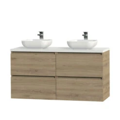 Tiger Karlo Badkamermeubelset 120 Cm Chalet Eik Met Wit Houten Wasblad En Glanzend Witte Keramische Waskom