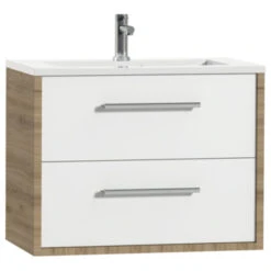 Tiger Badkamermeubel Boston 80 Cm Chalet Eik Met Polybeton Wastafel Wit En Ronde Grepen Chroom -InterieurKunst Verkoopwinkel 123 8611