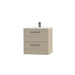 Tiger Studio Badkamermeubel 60 Cm Naturel Eiken Met Wastafel Polybeton Mat Wit Greep Rvs Afgerond -InterieurKunst Verkoopwinkel 123 8915