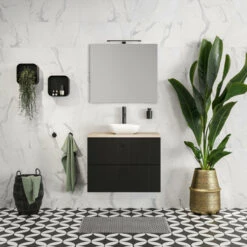 Tiger Maryport Badkamermeubelset 60 Cm Mat Zwart Met Licht Eiken Wasblad, Keramische Opzetkom En Matzwarte Grepen -InterieurKunst Verkoopwinkel 123 9062