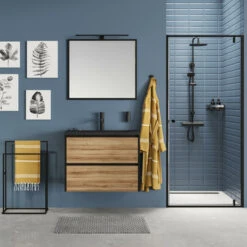 Tiger Reverse Meubelset 80 Cm Met 2 Lades Chalet Eik / Mat Zwart Inclusief Oval Wastafel Mat Zwart -InterieurKunst Verkoopwinkel 123 9127