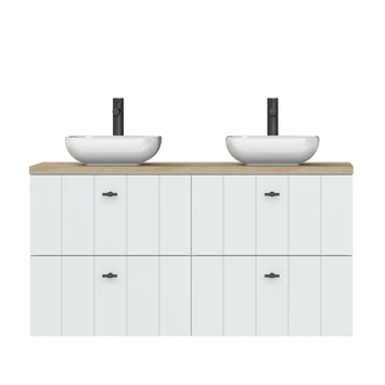 Tiger Maryport Badkamermeubelset 120 Cm Mat Wit Met Licht Eiken Houten Wasblad, Keramische Opzetkom En Matzwarte Grepen 3 Tiger Maryport Badkamermeubelset 120 Cm Mat Wit Met Licht Eiken Houten Wasblad, Keramische Opzetkom En Matzwarte Grepen - Afbeelding 3