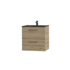 Tiger Studio Badkamermeubel 60 Cm Chalet Eiken Met Wastafel Polybeton Mat Zwart Greep Rvs Afgerond -InterieurKunst Verkoopwinkel 123 9404