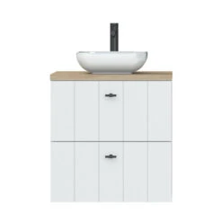 Tiger Maryport Badkamermeubelset 60 Cm Mat Wit Met Licht Eiken Wasblad, Witte Keramische Opzetkom En Matzwarte Grepen -InterieurKunst Verkoopwinkel 123 9412