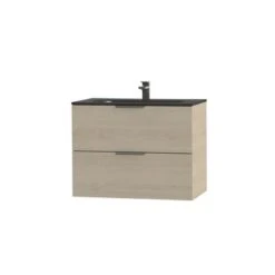 Tiger Studio Badkamermeubel 80 Cm Naturel Eiken Met Wastafel Polybeton Mat Zwart Greep Rvs Plat -InterieurKunst Verkoopwinkel 123 9442