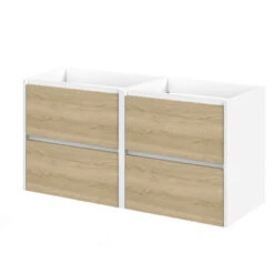 Tiger Reverse Meubelset 2x60 Cm Met 4 Lades Naturel Eik / Mat Wit Inclusief 2 Quadro Wastafels Hoogglans Wit -InterieurKunst Verkoopwinkel 123 9461