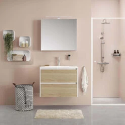 Tiger Reverse Meubelset 80 Cm Met 2 Lades Naturel Eik / Mat Wit Inclusief Quadro Wastafel Hoogglans Wit -InterieurKunst Verkoopwinkel 123 9509