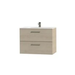 Tiger Studio Badkamermeubel 80 Cm Naturel Eiken Met Wastafel Polybeton Mat Wit Greep Rvs Afgerond -InterieurKunst Verkoopwinkel 123 9532