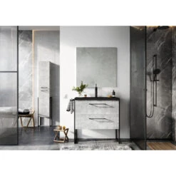 Atlantic Badmeubelset Sienna Met Spiegel En Zwarte Wastafel 80cm Beton -InterieurKunst Verkoopwinkel 123 9646