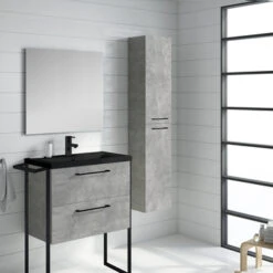 Atlantic Badmeubelset Sienna Met Spiegel En Zwarte Wastafel 80cm Beton -InterieurKunst Verkoopwinkel 123 9648