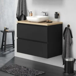 Tiger Karlo Badkamermeubel 60cm Mat Zwart Met Eiken Wasblad En Keramische Waskom -InterieurKunst Verkoopwinkel 123 9824