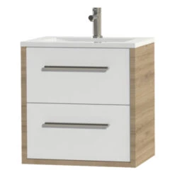 Tiger Badkamermeubel Boston 60 Cm Chalet Eik Met Polybeton Wastafel Wit En Ronde Grepen RVS -InterieurKunst Verkoopwinkel 123 9828