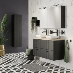 Tiger Maryport Badkamermeubelset 120 Cm Mat Zwart Met Licht Eiken Houten Wasblad, Keramische Opzetkommen En Matzwarte Grepen -InterieurKunst Verkoopwinkel 123 9884