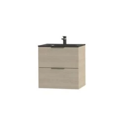 Tiger Studio Badkamermeubel 60 Cm Naturel Eiken Met Wastafel Polybeton Mat Zwart Greep Rvs Plat -InterieurKunst Verkoopwinkel 123 9968